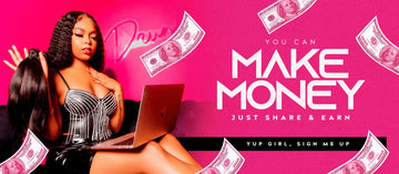 A promotional banner featuring dollar bills floating around a laptop user in a pink-tinted design with text about making money.